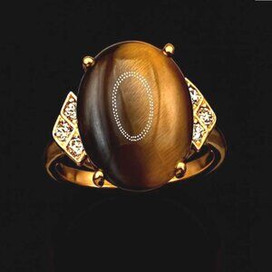 Vintage Tiger's Eye Cabochon and Faux Diamond Ring 18K Gold Electroplate Signed